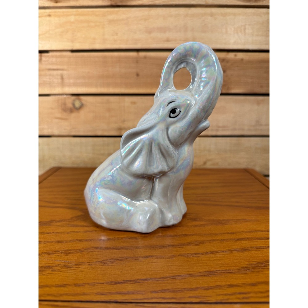 Iridescent Ceramic Elephant Figurine Pearlescent Luster Trunk Up Good Luck Decor